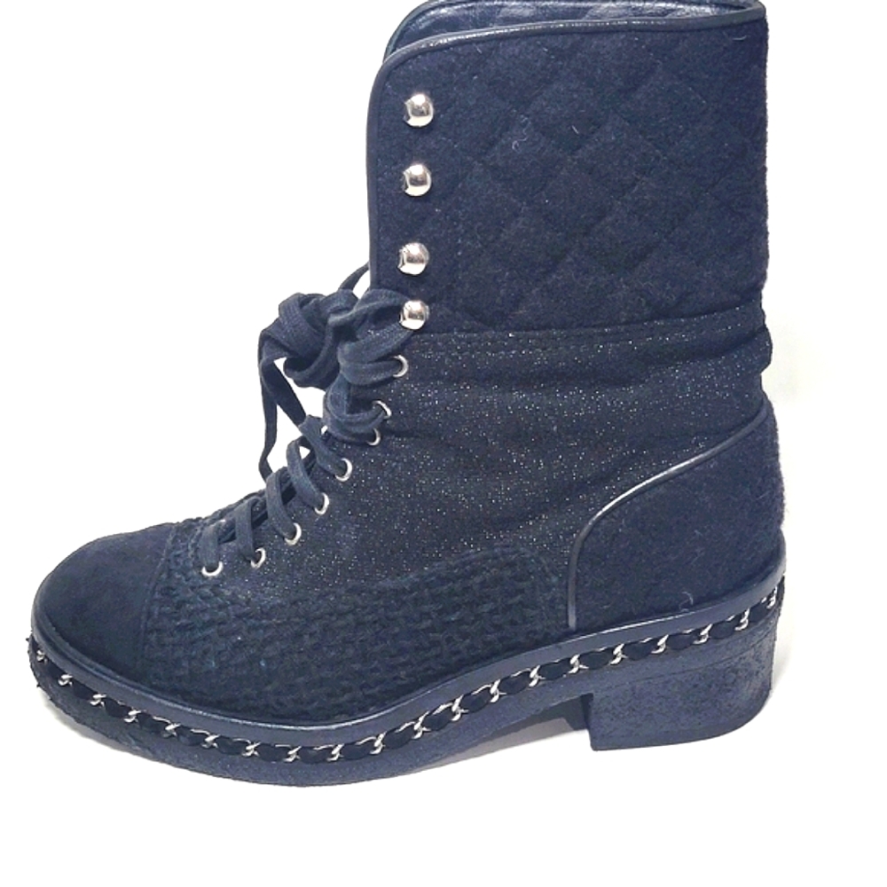 $1695 Chanel Moto Biker Combat Boot Tweed Chain Black Cap Toe 37